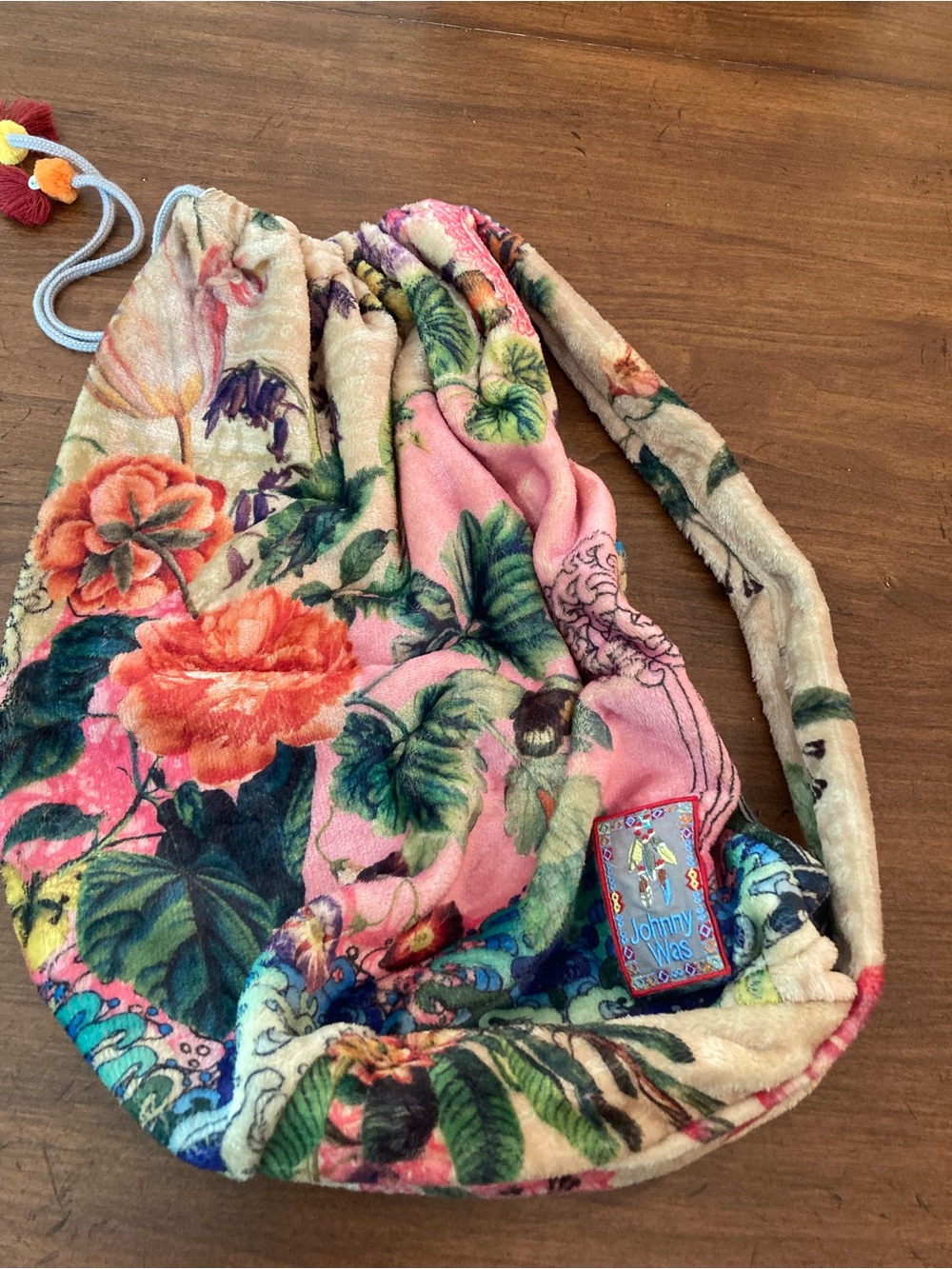 Johnny Was Plush Floral Drawstring Bag in Pink and Green